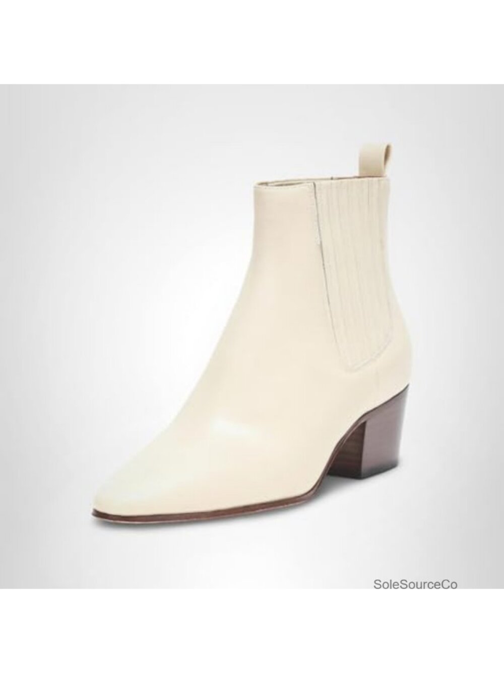 Womens Ivory Leather Ankle Boot Almond Toe Cuban Heel Chelsea Bootie